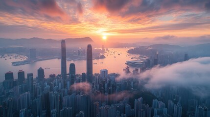 Fototapeta premium Hong Kong sunrise cityscape, harbor, clouds, aerial view, travel