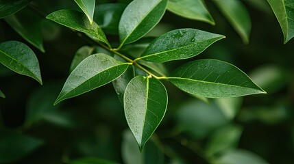 Close-Up of Fresh Green Leaves on a Tree Branch 