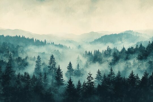 Misty forest landscape with layered mountains at dawn showcasing tranquil nature