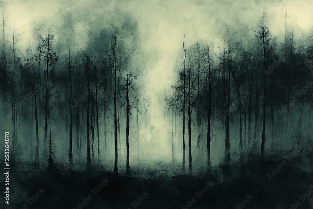 Poster mysterious forest landscape enveloped in fog with dark trees and ethereal lighting at dusk