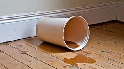 Spilled liquid, bucket, hardwood floor, corner, room, cleanup, damage, accident, home, interior