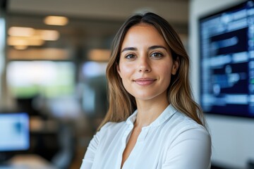 A young professional woman confidently poses for the camera, set against a backdrop of modern technology, showcasing innovation and contemporary business settings.