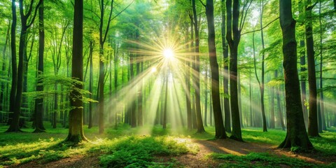 Fototapeta premium Sunlight streams through a dense forest canopy, illuminating a mystical pathway amidst the verdant undergrowth.