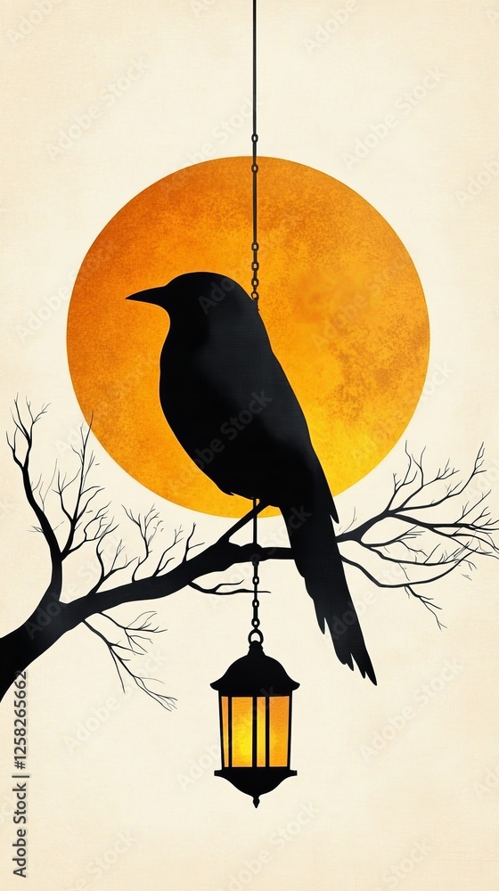 Canvas Prints silhouette of a black bird perched on a tree branch with a glowing lantern against a large orange mo