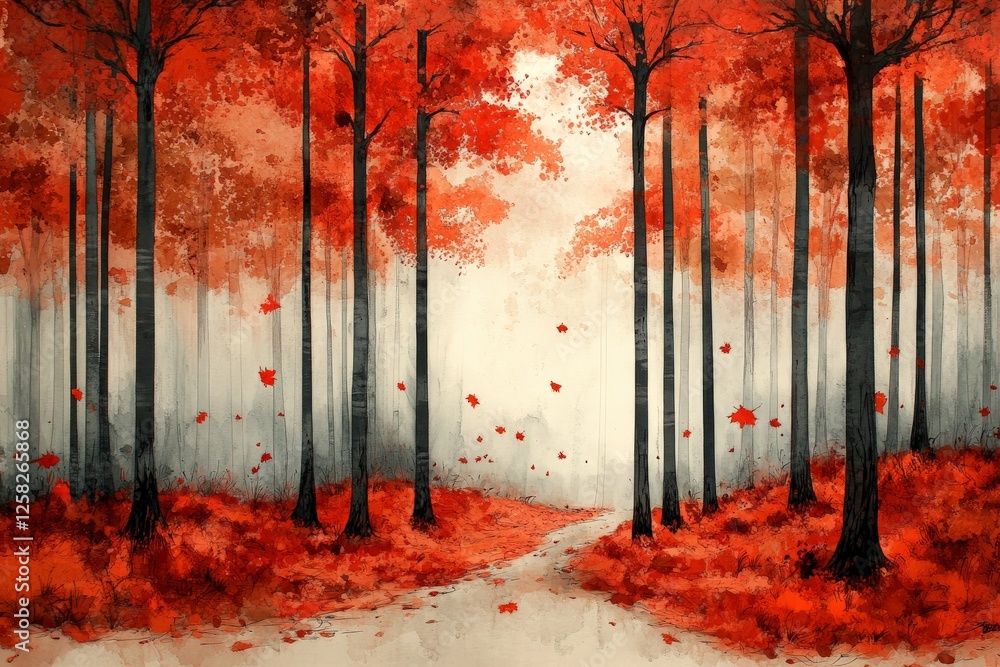 Poster vibrant autumn forest path with red leaves and misty background in serene nature setting