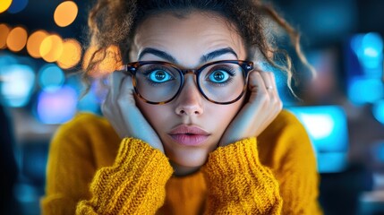 A young woman displays a wide-eyed expression of surprise while cupping her face, capturing the essence of emotional surprise in a vibrant, tech-inspired environment.