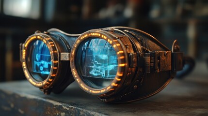 Steampunk goggles displaying data in workshop