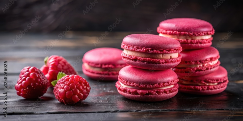 Aufkleber a stack of crimson macarons with a creamy filling, complemented by juicy raspberries on a rustic woo