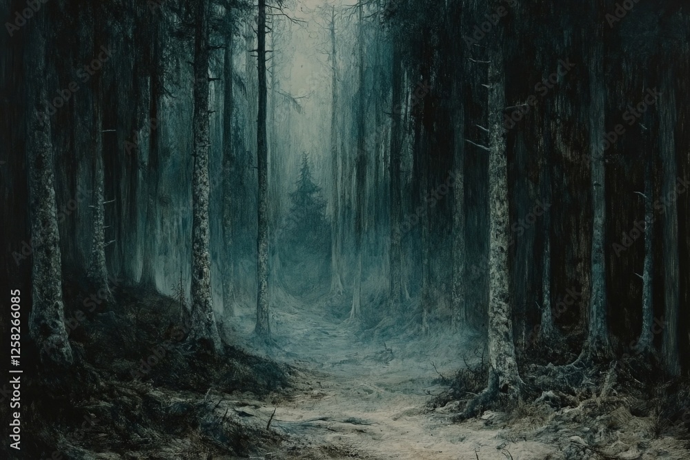 Poster dark forest pathway leading to a mysterious clearing shrouded in fog during twilight hours in autumn