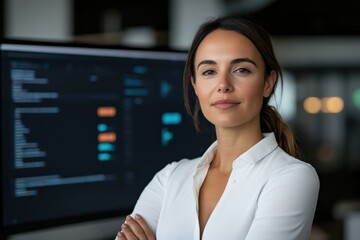 A confident businesswoman stands in front of a computer screen filled with code, embodying professionalism and tech-savviness in a modern workspace environment.