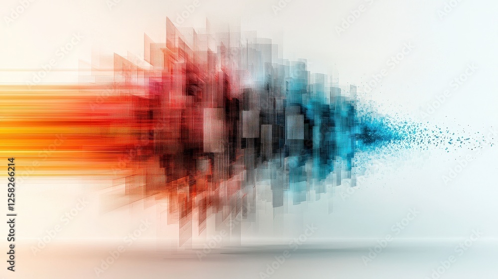 Poster dynamic explosion of colorful geometric pixels on white background creates sense of motion and energ