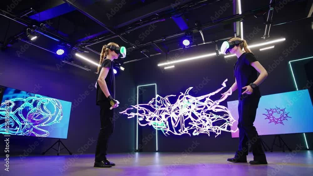 Poster virtual reality art session in modern studio with immersive light displays and interactive technolog