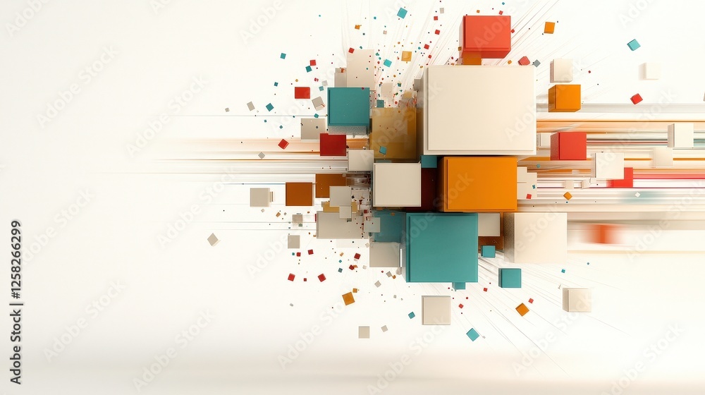 Poster dynamic explosion of colorful geometric pixels and cubes on white background creates sense of moveme