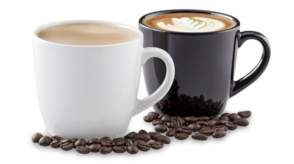 Hot Coffee in White and Black Mugs with Coffee Beans on Surface