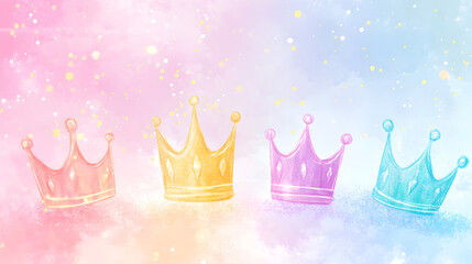 un fondo colorido pintado en acuarela en colores pastel y destellos brillantes con 4 coronas de colores como diseño infantil para invitacion tarjeta de niñas