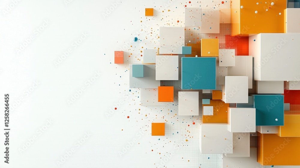 Poster dynamic arrangement of colorful geometric cubes and pixels creates explosion effect on white backgro