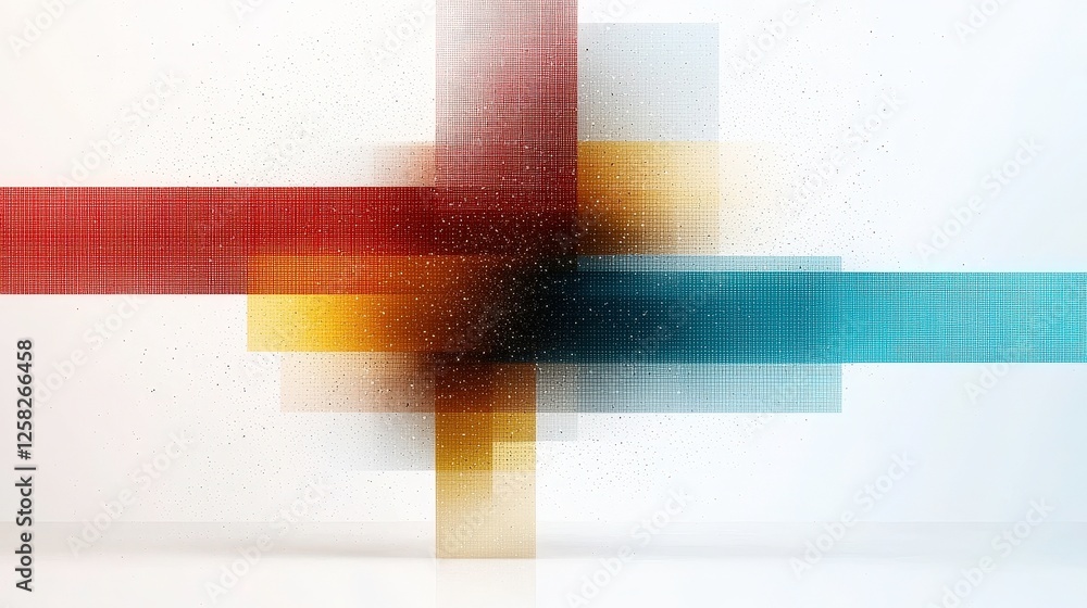 Poster colorful geometric pixel explosion on white background features intersecting rectangles in shades of