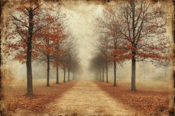 Obraz premium Path lined with bare trees and autumn leaves in a foggy landscape during early morning hours