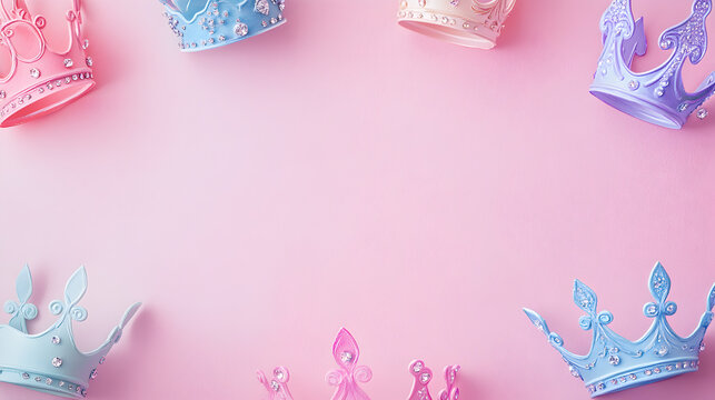 un fondo rosa claro con espacio de copia con coronas coloridas alrededor para invitacion o dise&ntilde;o de tarjeta infantil para ni&ntilde;as decorativas