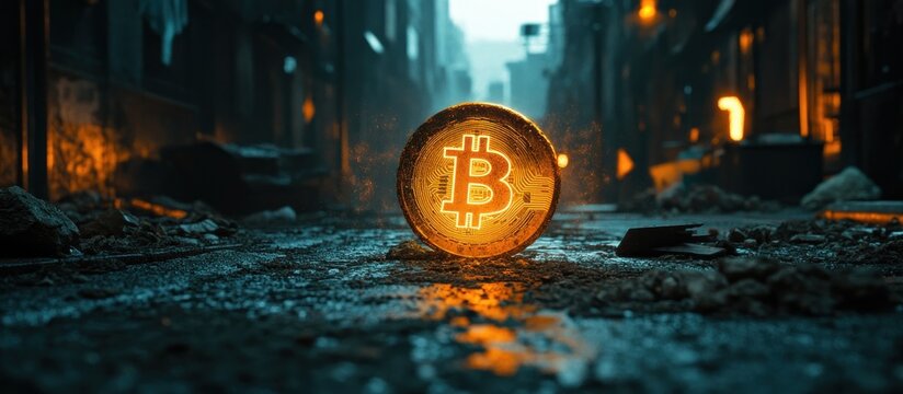 Glowing Bitcoin on dystopian street, urban decay backdrop, cryptocurrency concept