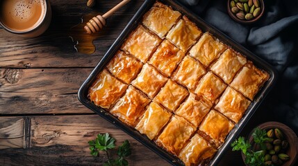 Delicious golden baklava squares topped with a honey drizzle, alongside a cup of coffee and pistachios on rustic wood.