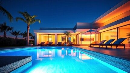 Luxury Modern Villa Night Pool Scene with Palm Trees
