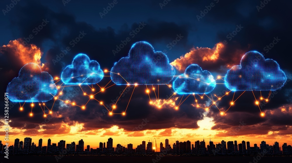 Poster cityscape with cloud computing and big data connection technology in urban environment