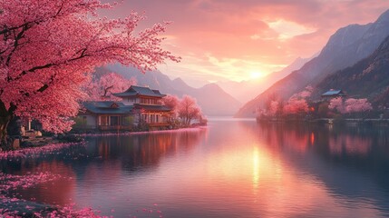 Fototapeta premium Serene sunset over a tranquil lake surrounded by cherry blossoms and mountains in spring