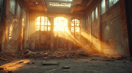 Sunbeams illuminate derelict factory interior; rubble, decay