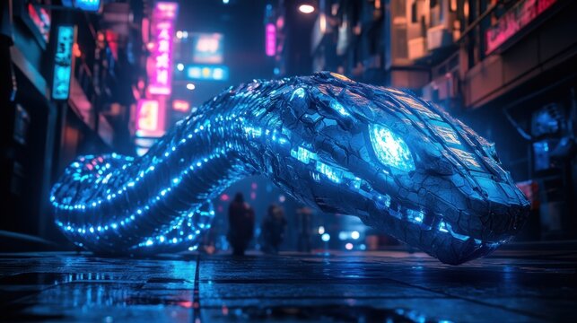 Cyberpunk snake robot city street night neon