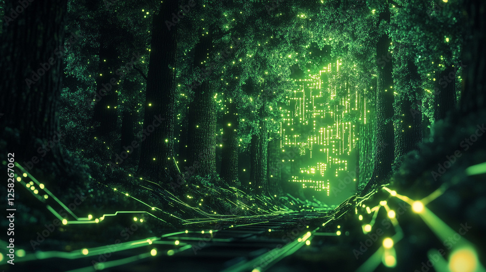 Poster mystical forest path illuminated by green lights and digital patterns at twilight