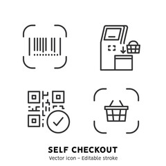 Self-service checkout line icons set. Supermarket, grocery store with automated self-checkout terminal. Contactless payment, cashless paying, checkout self service flat outline icons. Editable stroke