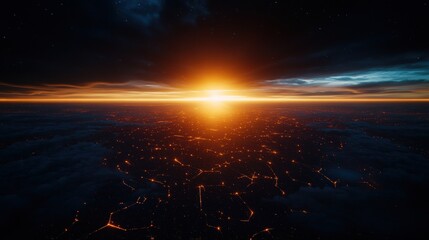 Fototapeta premium Aerial view of the sun shining over a cityscape with digital data connection technology visualized