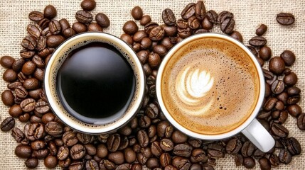 Freshly Brewed Coffee in Cups Surrounded by Coffee Beans and Burlap