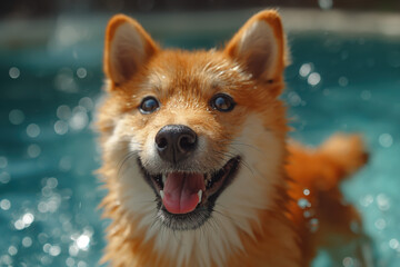 A happy Shiba Inu dog happily jumped into the pool. The dog's smile
