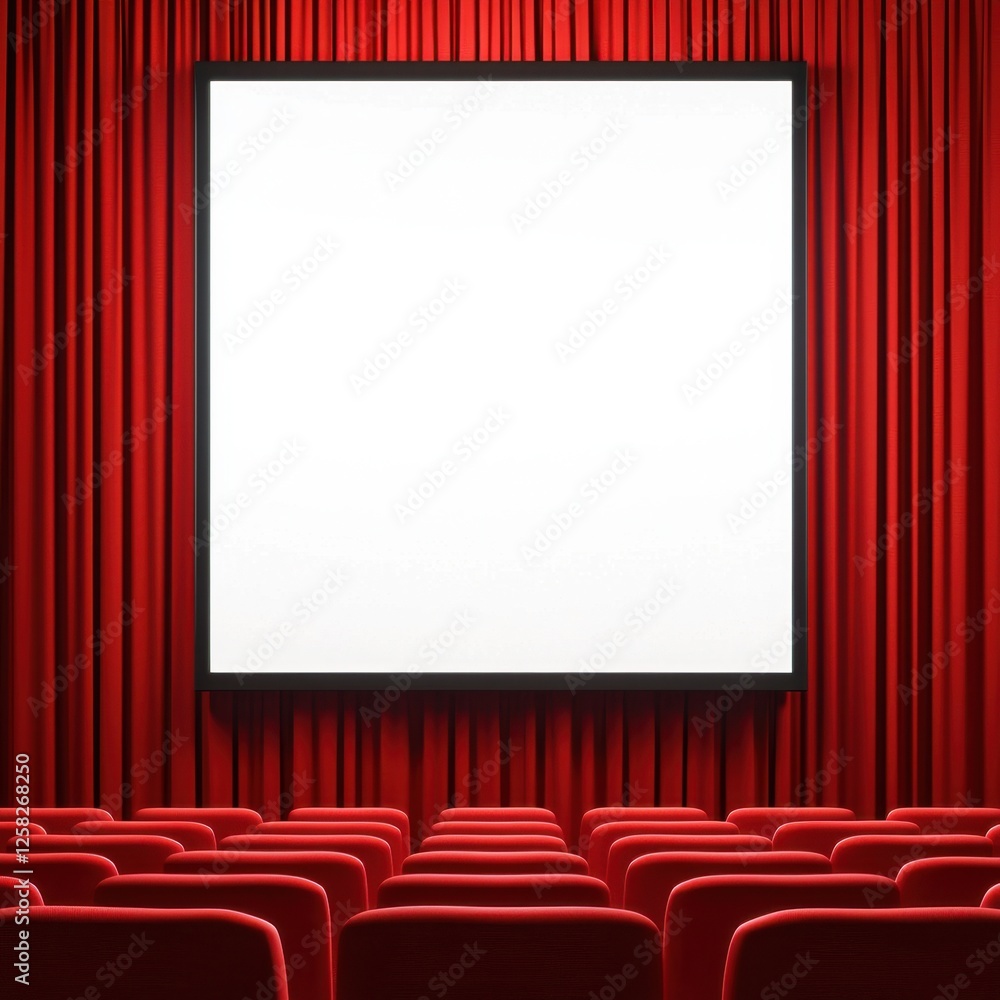 Poster a theater stage with red curtains and rows of red seating in front of a bright screen display.