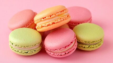 Obraz premium Colorful macarons on pink background, sweet treat, dessert, food photography