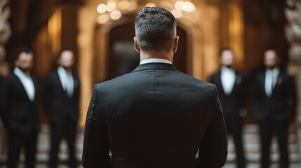 Fototapeta premium Professional security guard overseeing event safety with his team of bodyguards