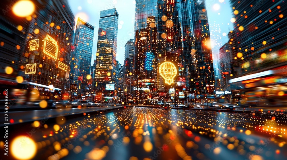 Poster futuristic cityscape with glowing digital elements and abstract light patterns creates dynamic and i