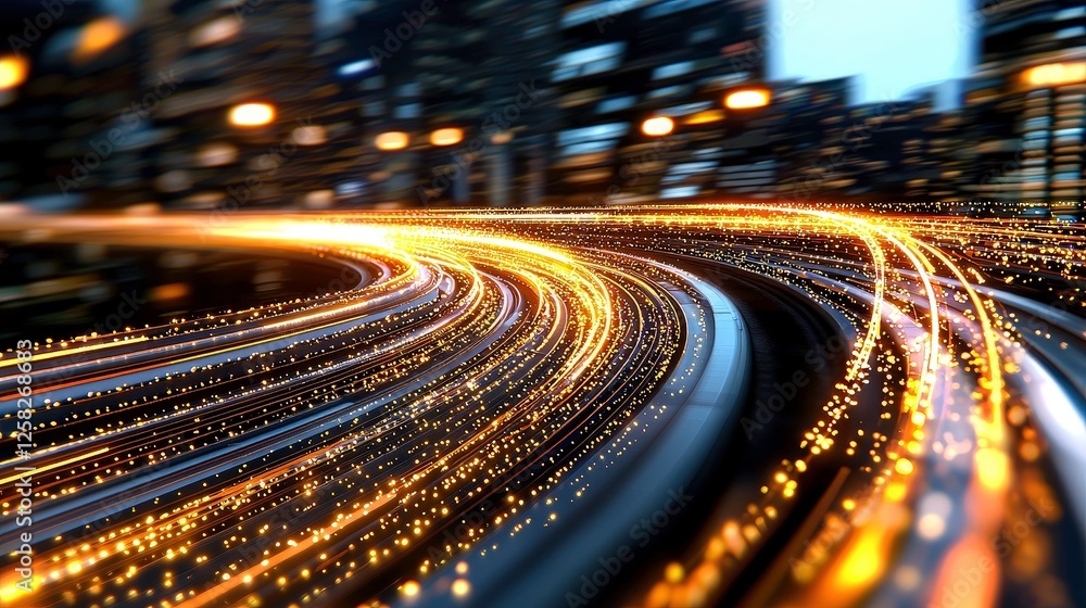 Poster dynamic abstract image of glowing light trails curving through cityscape, symbolizing speed and tech