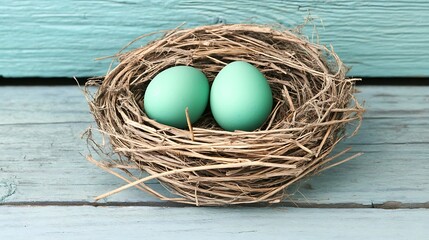 Obraz premium Two Azure Eggs in Rustic Bird Nest on Weathered Wood Surface Spring Easter Decoration Theme
