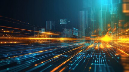Futuristic cityscape with glowing digital lines and data streams.
