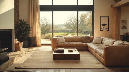 Modern living room, sunlight, leather sofa, countryside view, home decor
