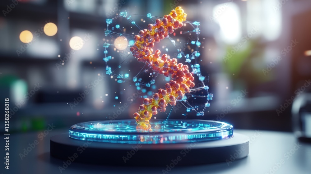 Poster molecule with blue and orange structure in high-tech biotechnology lab floating holographically