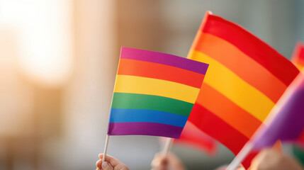 Fototapeta premium Colorful rainbow flags waving in sunlight, symbolizing LGBTQ+ pride and inclusivity. vibrant scene celebrates diversity and equality. Pride month health awareness concept