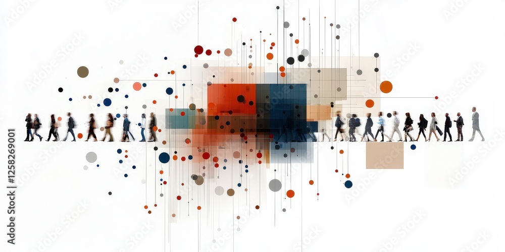 Poster diverse group of people walking in line is overlaid with abstract geometric shapes and circles on wh