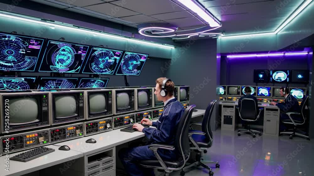 Poster modern control room with operators monitoring screens and analyzing data in a high-tech environment