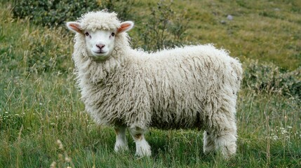 Fototapeta premium A fluffy white lamb standing in a green meadow.