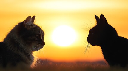 Two Cats Staring at the Sunset in the Horizon Silhouette with Fiery Orange Light Serene Scene