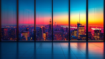 Stunning sunset view of a city skyline through large glass windows, showcasing vibrant colors